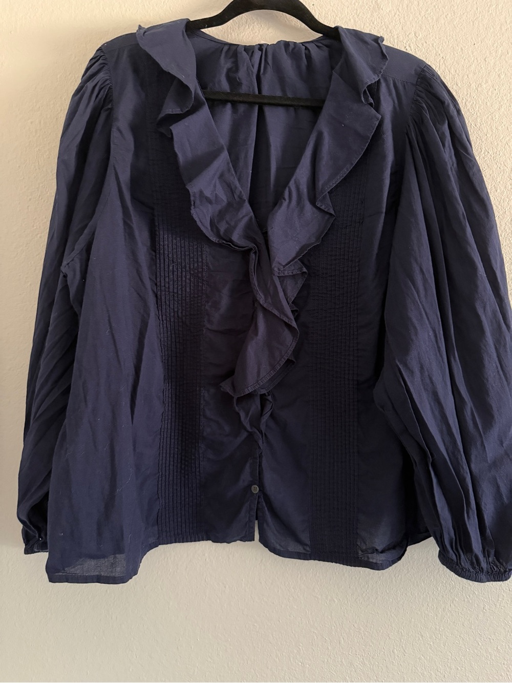 Gap Women's Blue Ruffle Front Collared Button Blouse XXL Peasant Boho
